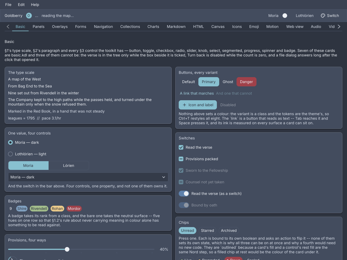 Goldberry showcase: Controls. Buttons, toggles, radios, sliders, badges and chips, drawn to the design system's metrics.