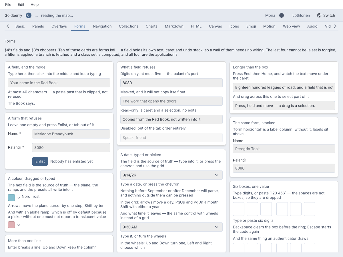 Goldberry showcase: Forms, light theme. Fields that validate, date and colour pickers, a one-time-code input. One switch restyles every control.