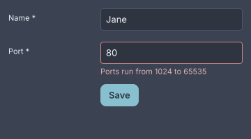 A horizontal form on the dark theme: Name and Port labels in a column beside two fields, the Port field outlined in red with the message Ports run from 1024 to 65535 under it, and a Save button aligned with the fields