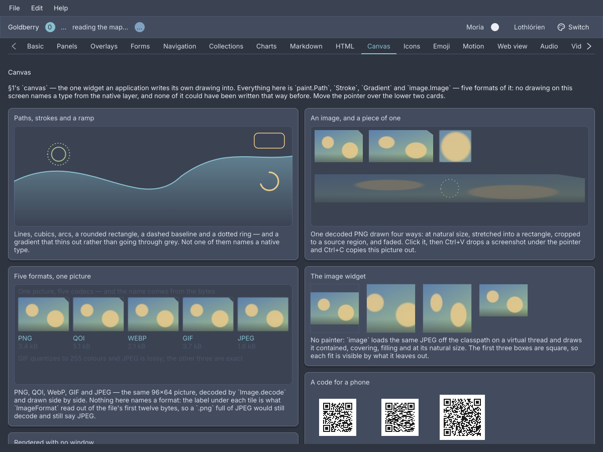 The showcase's Canvas screen: a card of paths, strokes and a gradient, a card drawing one image four ways, a card of the same picture decoded from five formats, a card of the image widget at four fits, and three QR codes at three error-correction levels