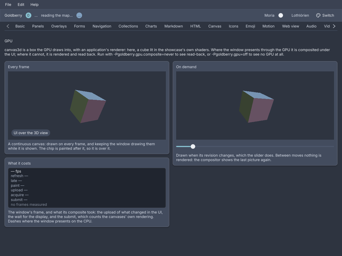The showcase's GPU screen: a lit cube in a continuous canvas with a chip painted over it, the same cube in an on-demand canvas with a slider under it, and a hud of the present readings showing dashes