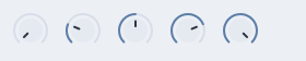 Five knobs on the light theme at increasing values, each a disc with a pointer line and a blue arc growing clockwise around it