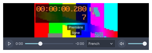 A media-player showing a test picture with two subtitle lines over its foot, and below it the controls: play, the elapsed and remaining times around a seek bar, a subtitles menu reading French, and mute with a volume slider