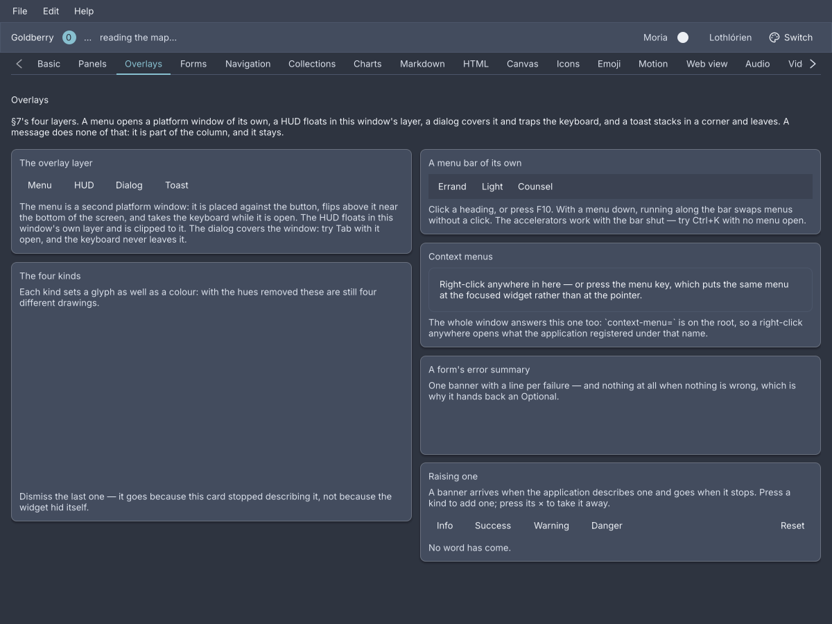 The showcase's Overlays screen: a row of buttons that open a menu, a HUD, a dialog and a toast, a second menu bar, and a panel with a context menu