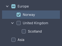 A tree with cascading checkboxes: Europe shows a mixed state because Norway is checked and the United Kingdom is not