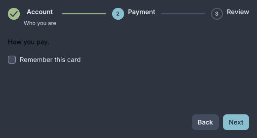 A wizard on its Payment page: the indicator shows Account done and Review upcoming, a checkbox in the content, and Back and Next buttons at the bottom right